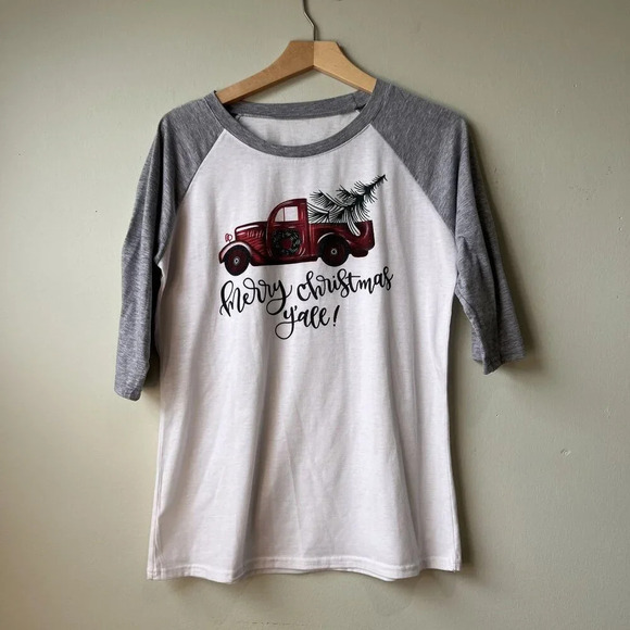 Christmas Baseball Tee With Red Truck & Tree Design Medium - Picture 1 of 1
